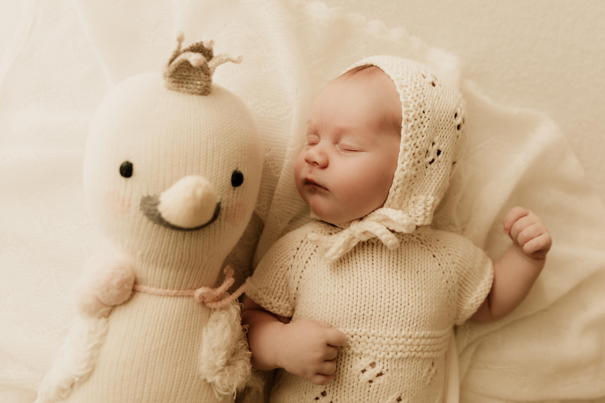 Baby girl sleeping next to her stuffed animal.