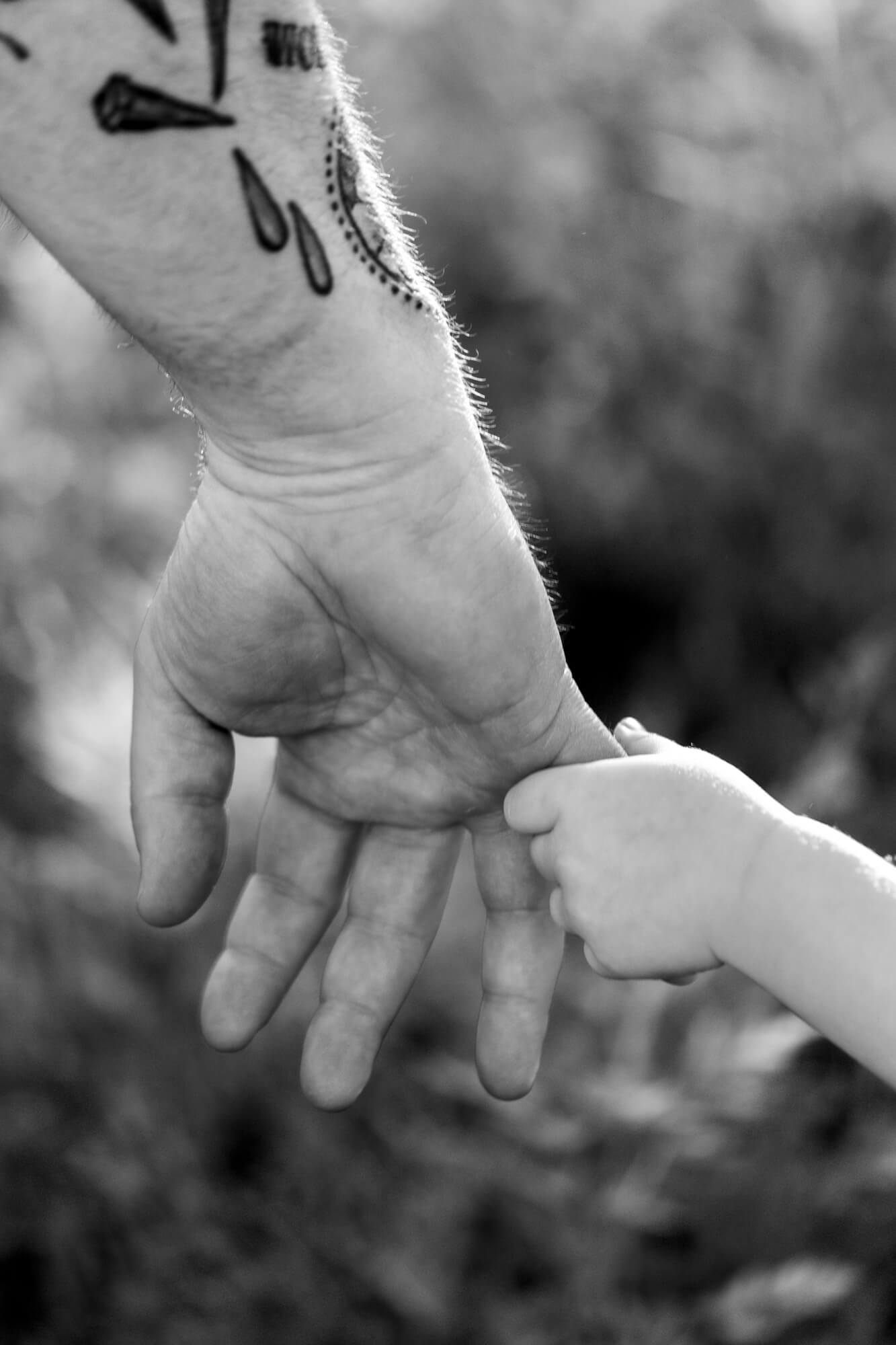 Close up photo of a two year old holding her father's hand who has tattoos.